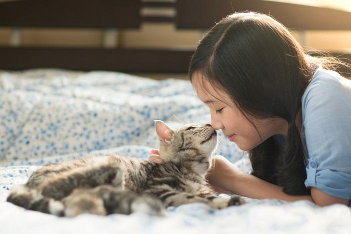 An adorable image of a child and a cat sharing a delightful moment.