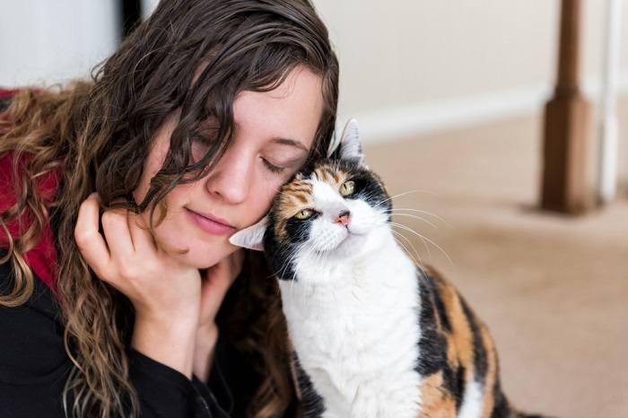 The image portrays a heartwarming moment where a cat is rubbing against a woman's face.