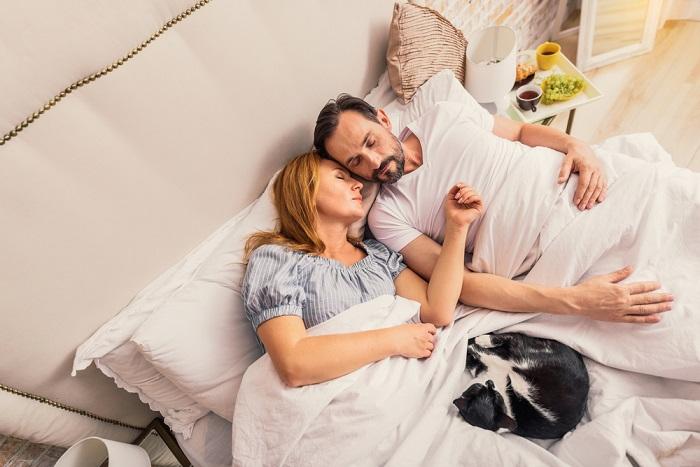 Cat sleeping between a couple.