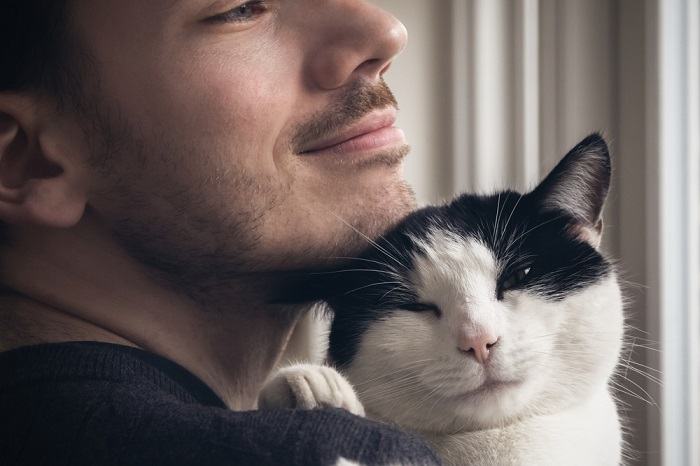 An image of a man sitting on a couch with a contented cat resting on her arms.