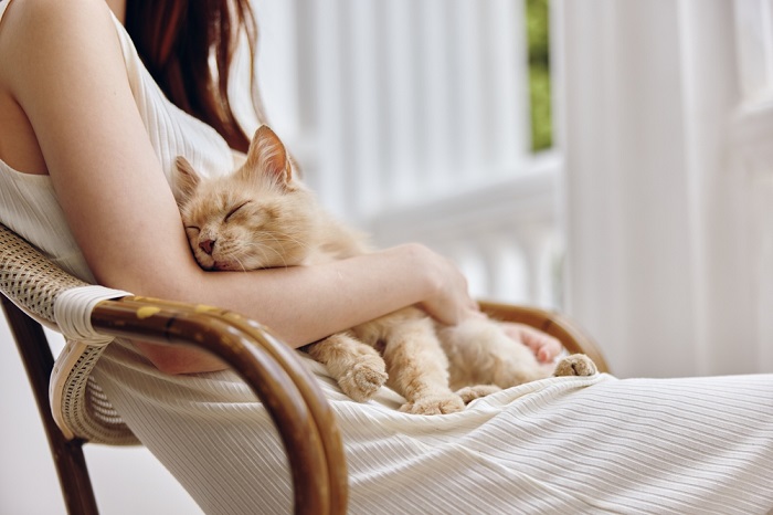 Harmonious moment between a woman and her cat.