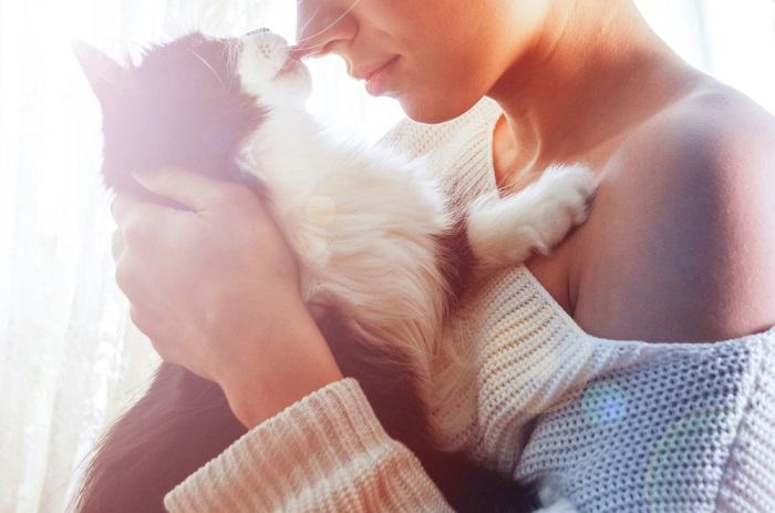 Image of a cat licking a woman's cheek, showcasing a gesture of feline affection and companionship.