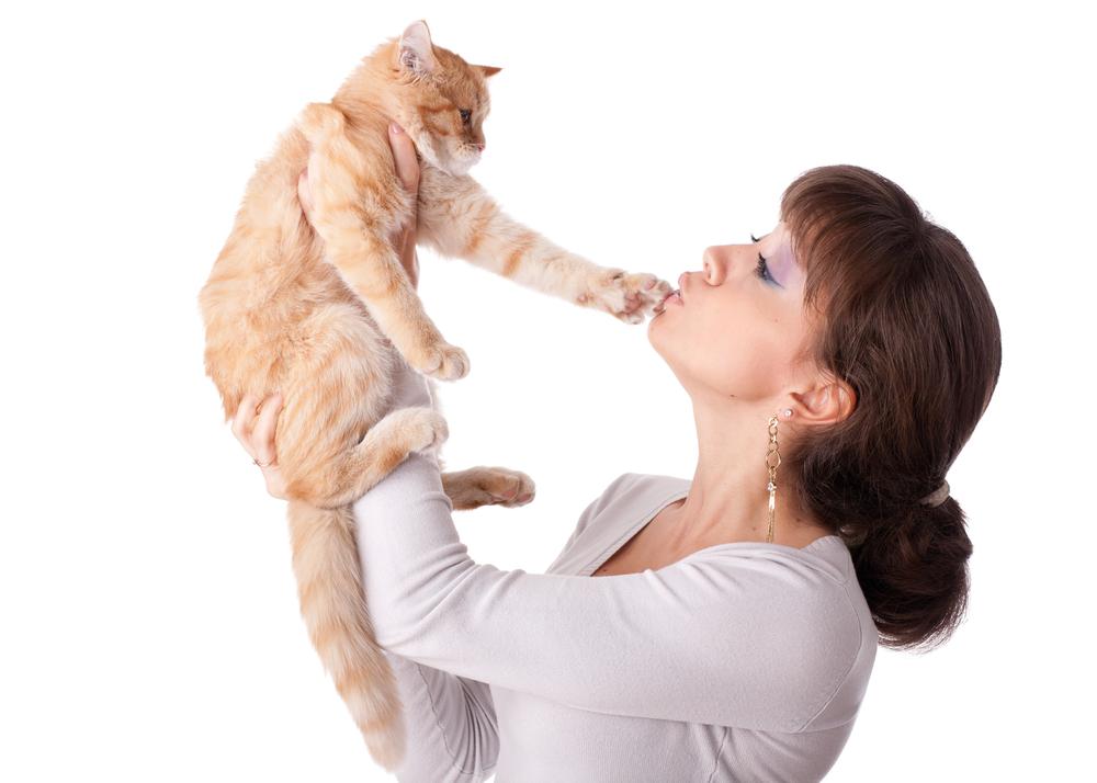 Woman with a small amusing kitten.