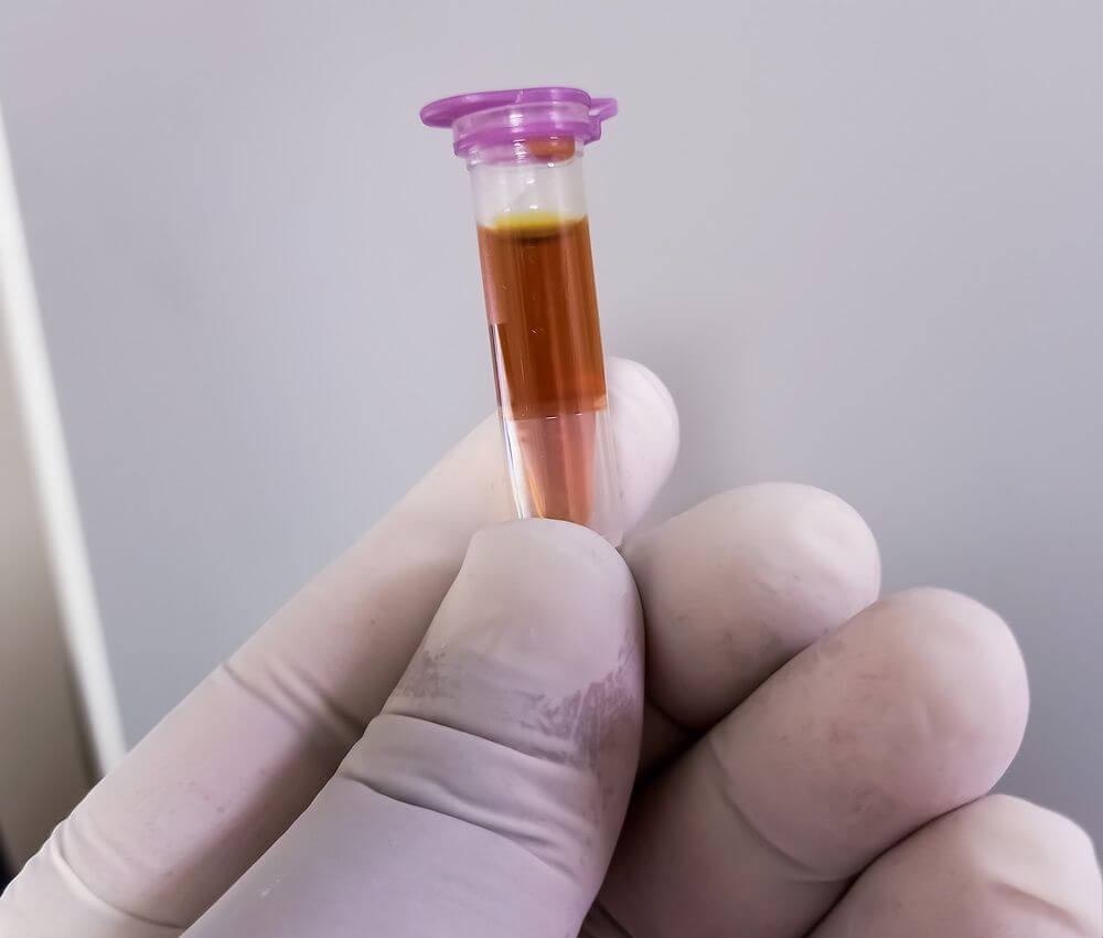 A gloved hand holds up a small test tube containing dark yellowbrown liquid.